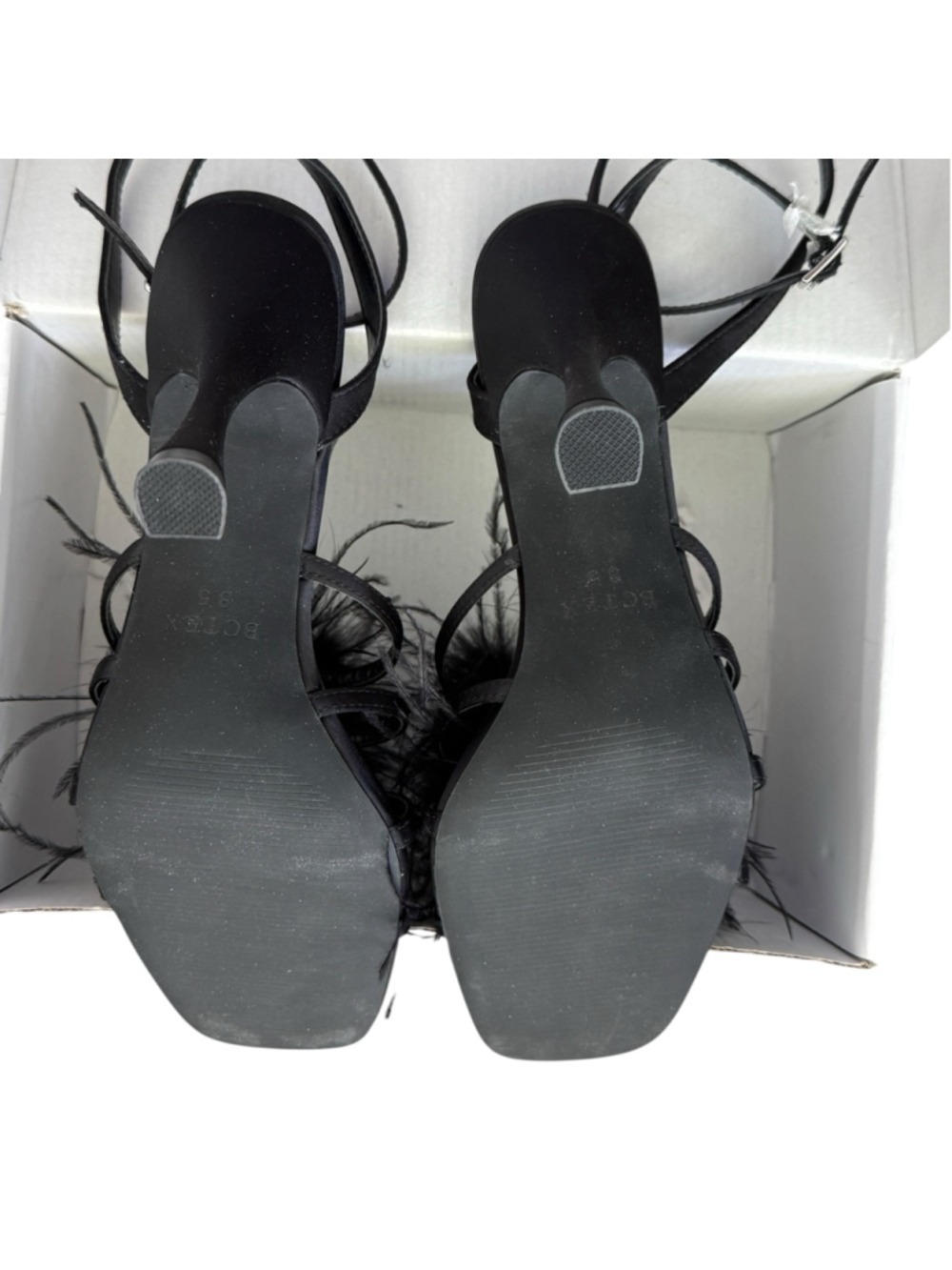 BCTEX COLL Feather Heels Black Satin Sandals Size 8.5 NWT Glam Party Shoes - Picture 7 of 7